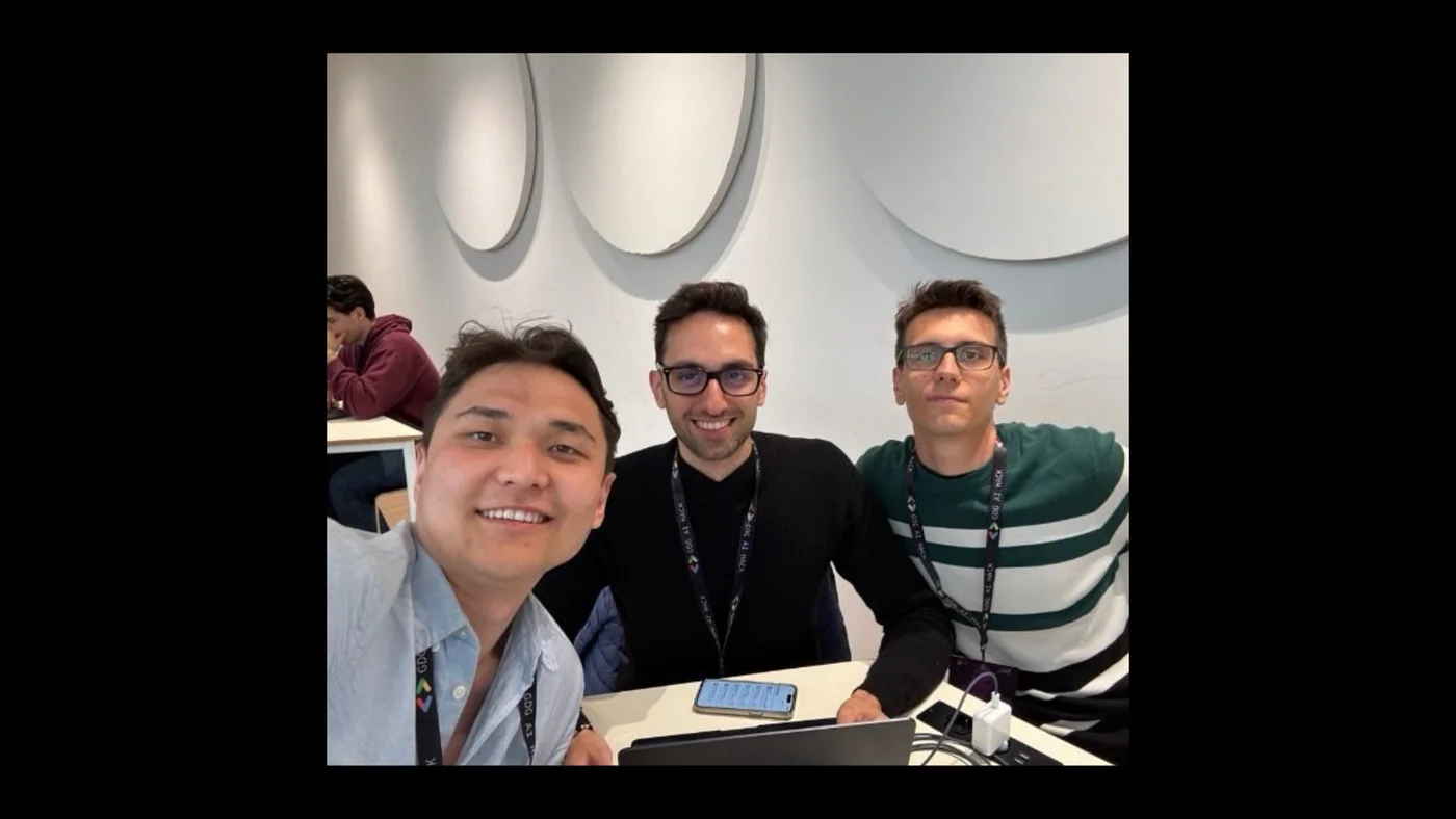 Davide Bertoni, Mirco Bonomo, and Assylbek Bugybay at GDG AI Hack Milan 2026