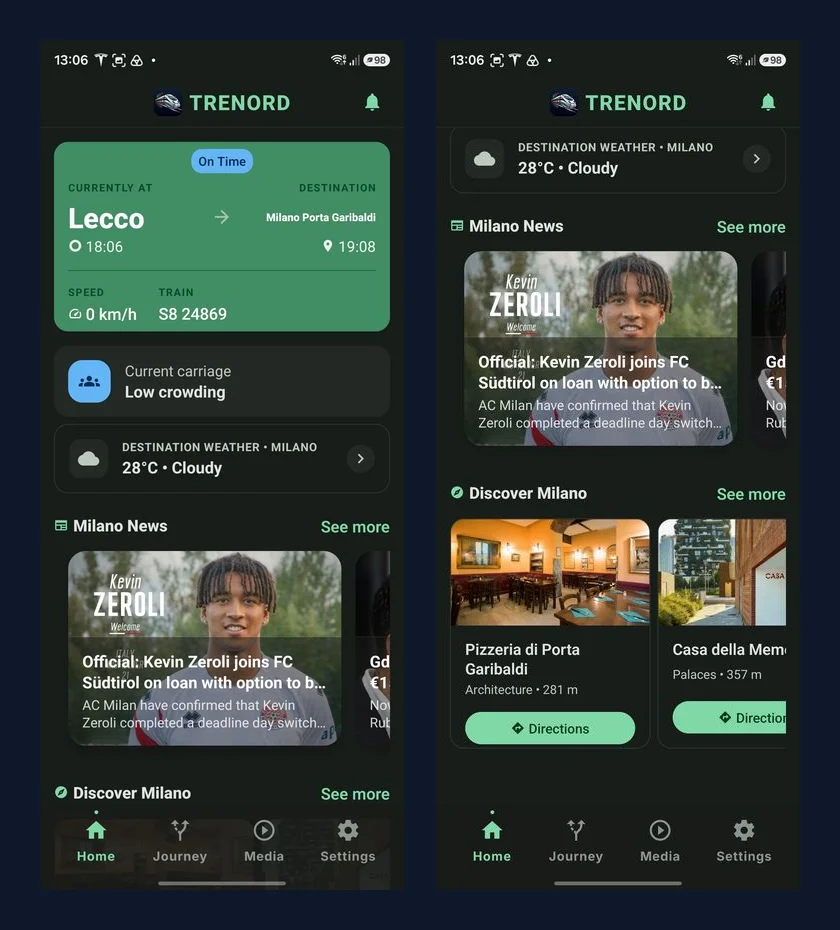 Home dashboard with live train telemetry, station countdown, and contextual feed