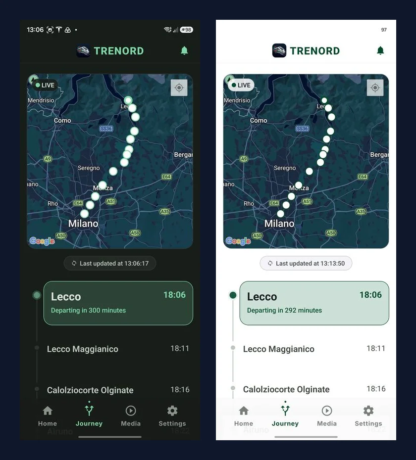 Trenord Infotainment live journey tracking map and station stop timeline