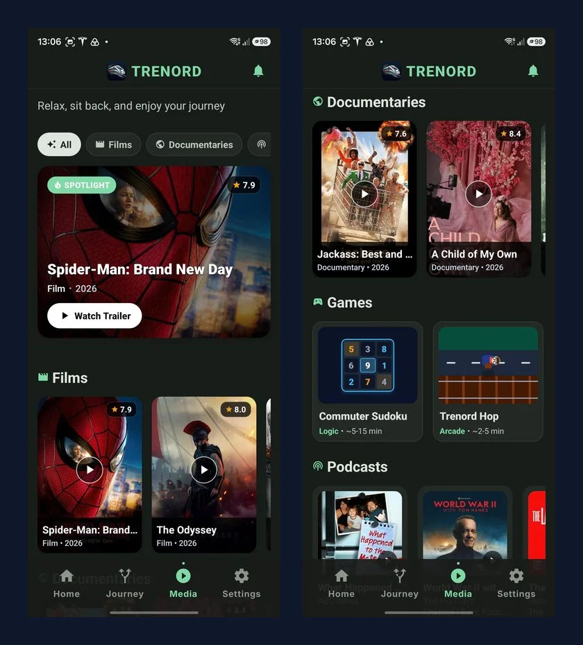 Media hub showcasing film spotlights and background audio podcasts