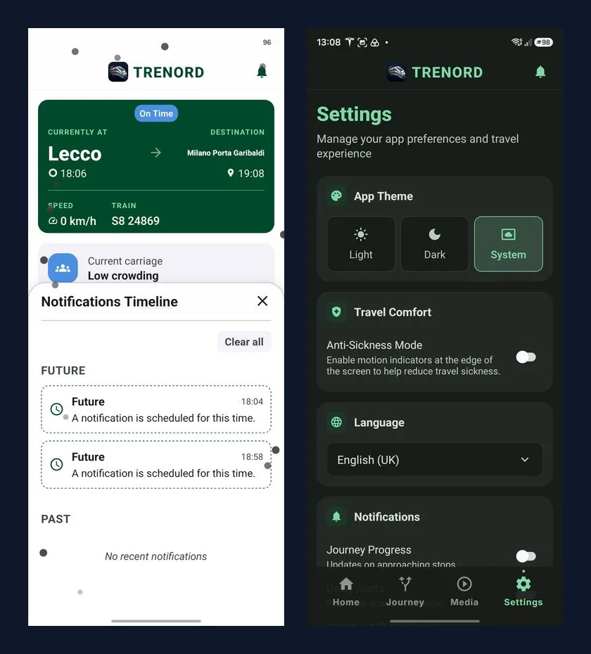 Notifications timeline sheet and passenger settings controls