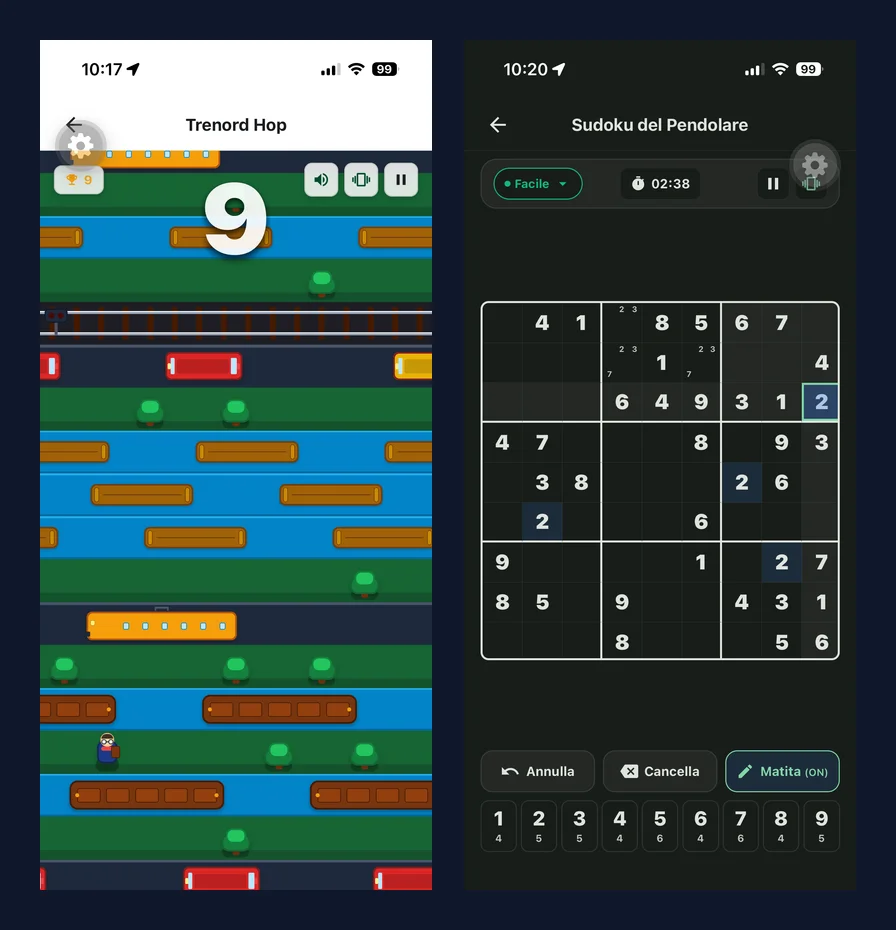 Offline arcade games: Trenord Hop 60 FPS runner and Commuter Sudoku